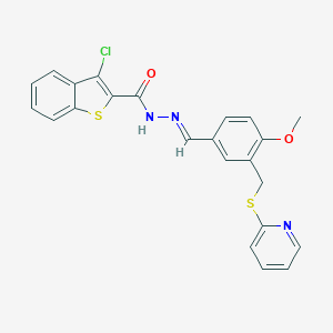 molecular formula C23H18ClN3O2S2 B430734 3-chloro-N'-{4-methoxy-3-[(2-pyridinylsulfanyl)methyl]benzylidene}-1-benzothiophene-2-carbohydrazide CAS No. 352660-87-8