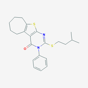 molecular formula C22H26N2OS2 B430737 2-(isopentylsulfanyl)-3-phenyl-3,5,6,7,8,9-hexahydro-4H-cyclohepta[4,5]thieno[2,3-d]pyrimidin-4-one CAS No. 351160-02-6