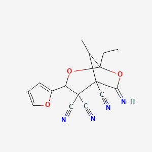 molecular formula C16H14N4O3 B4307481 1-ethyl-3-(2-furyl)-6-imino-8-methyl-2,7-dioxabicyclo[3.2.1]octane-4,4,5-tricarbonitrile 