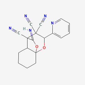 molecular formula C18H15N5O2 B4307486 12-imino-9-pyridin-2-yl-10,11-dioxatricyclo[5.3.2.0~1,6~]dodecane-7,8,8-tricarbonitrile 