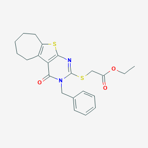 molecular formula C22H24N2O3S2 B430758 ethyl [(3-benzyl-4-oxo-3,5,6,7,8,9-hexahydro-4H-cyclohepta[4,5]thieno[2,3-d]pyrimidin-2-yl)sulfanyl]acetate CAS No. 351162-37-3