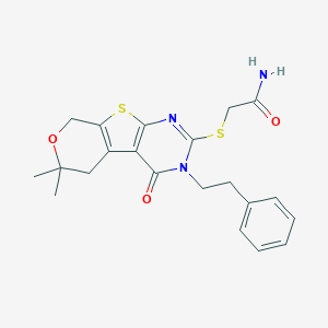 molecular formula C21H23N3O3S2 B430762 2-{[6,6-dimethyl-4-oxo-3-(2-phenylethyl)-3,5,6,8-tetrahydro-4H-pyrano[4',3':4,5]thieno[2,3-d]pyrimidin-2-yl]sulfanyl}acetamide CAS No. 351162-47-5