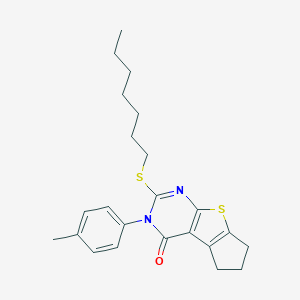 molecular formula C23H28N2OS2 B430776 2-(heptylsulfanyl)-3-(4-methylphenyl)-3,5,6,7-tetrahydro-4H-cyclopenta[4,5]thieno[2,3-d]pyrimidin-4-one CAS No. 351160-85-5