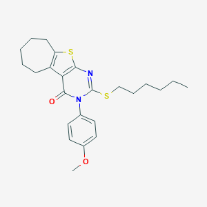molecular formula C24H30N2O2S2 B430777 2-(hexylsulfanyl)-3-(4-methoxyphenyl)-3,5,6,7,8,9-hexahydro-4H-cyclohepta[4,5]thieno[2,3-d]pyrimidin-4-one CAS No. 351160-25-3