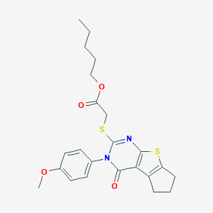 molecular formula C23H26N2O4S2 B430779 pentyl {[3-(4-methoxyphenyl)-4-oxo-3,5,6,7-tetrahydro-4H-cyclopenta[4,5]thieno[2,3-d]pyrimidin-2-yl]sulfanyl}acetate 