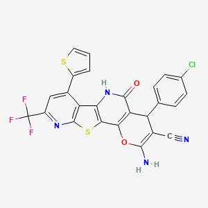 4-amino-6-(4-chlorophenyl)-8-oxo-12-thiophen-2-yl-14-(trifluoromethyl)-3-oxa-17-thia-9,15-diazatetracyclo[8.7.0.02,7.011,16]heptadeca-1(10),2(7),4,11(16),12,14-hexaene-5-carbonitrile