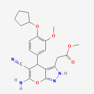 molecular formula C22H24N4O5 B4307913 methyl {6-amino-5-cyano-4-[4-(cyclopentyloxy)-3-methoxyphenyl]-2,4-dihydropyrano[2,3-c]pyrazol-3-yl}acetate 