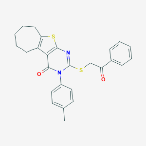 molecular formula C26H24N2O2S2 B430797 3-(4-methylphenyl)-2-[(2-oxo-2-phenylethyl)sulfanyl]-3,5,6,7,8,9-hexahydro-4H-cyclohepta[4,5]thieno[2,3-d]pyrimidin-4-one CAS No. 351161-64-3