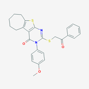 molecular formula C26H24N2O3S2 B430803 3-(4-methoxyphenyl)-2-[(2-oxo-2-phenylethyl)sulfanyl]-3,5,6,7,8,9-hexahydro-4H-cyclohepta[4,5]thieno[2,3-d]pyrimidin-4-one CAS No. 351162-58-8