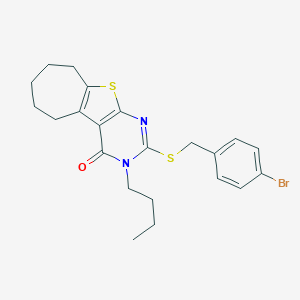 molecular formula C22H25BrN2OS2 B430808 2-[(4-bromobenzyl)sulfanyl]-3-butyl-3,5,6,7,8,9-hexahydro-4H-cyclohepta[4,5]thieno[2,3-d]pyrimidin-4-one CAS No. 351004-90-5