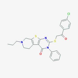 molecular formula C26H24ClN3O2S2 B430827 5-[2-(4-Chlorophenyl)-2-oxoethyl]sulfanyl-4-phenyl-11-propyl-8-thia-4,6,11-triazatricyclo[7.4.0.02,7]trideca-1(9),2(7),5-trien-3-one 