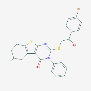 molecular formula C25H21BrN2O2S2 B430845 2-{[2-(4-bromophenyl)-2-oxoethyl]sulfanyl}-6-methyl-3-phenyl-5,6,7,8-tetrahydro[1]benzothieno[2,3-d]pyrimidin-4(3H)-one 