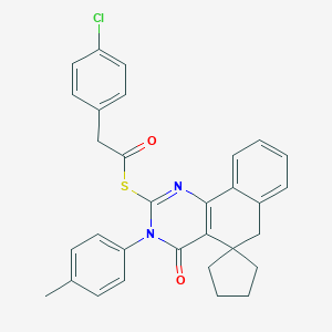 molecular formula C31H27ClN2O2S B430858 S-[3-(4-methylphenyl)-4-oxo-3,4,5,6-tetrahydrospiro(benzo[h]quinazoline-5,1'-cyclopentane)-2-yl] (4-chlorophenyl)ethanethioate 