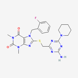 molecular formula C23H26FN9O2S B4308708 8-{[(4-AMINO-6-PIPERIDINO-1,3,5-TRIAZIN-2-YL)METHYL]SULFANYL}-7-(2-FLUOROBENZYL)-1,3-DIMETHYL-3,7-DIHYDRO-1H-PURINE-2,6-DIONE 