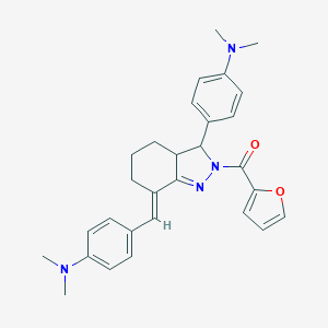 molecular formula C29H32N4O2 B430877 {(7E)-7-[4-(dimethylamino)benzylidene]-3-[4-(dimethylamino)phenyl]-3,3a,4,5,6,7-hexahydro-2H-indazol-2-yl}(furan-2-yl)methanone 