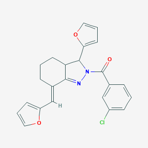 molecular formula C23H19ClN2O3 B430879 2-(3-chlorobenzoyl)-3-(2-furyl)-7-(2-furylmethylene)-3,3a,4,5,6,7-hexahydro-2H-indazole 