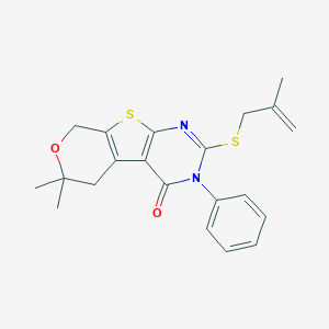 molecular formula C21H22N2O2S2 B430917 6,6-dimethyl-2-[(2-methyl-2-propenyl)sulfanyl]-3-phenyl-3,5,6,8-tetrahydro-4H-pyrano[4',3':4,5]thieno[2,3-d]pyrimidin-4-one CAS No. 351441-32-2