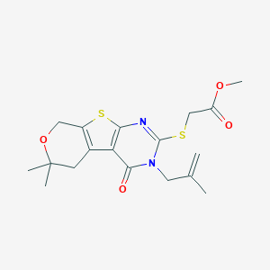 molecular formula C18H22N2O4S2 B430919 Methyl 2-[[12,12-dimethyl-4-(2-methylprop-2-enyl)-3-oxo-11-oxa-8-thia-4,6-diazatricyclo[7.4.0.02,7]trideca-1(9),2(7),5-trien-5-yl]sulfanyl]acetate CAS No. 351007-22-2