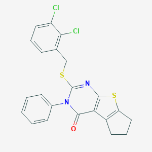 molecular formula C22H16Cl2N2OS2 B430926 2-[(2,3-dichlorobenzyl)sulfanyl]-3-phenyl-3,5,6,7-tetrahydro-4H-cyclopenta[4,5]thieno[2,3-d]pyrimidin-4-one 