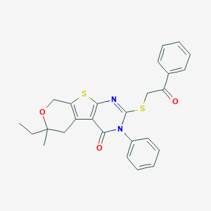 molecular formula C26H24N2O3S2 B430927 6-ethyl-6-methyl-2-[(2-oxo-2-phenylethyl)sulfanyl]-3-phenyl-3,5,6,8-tetrahydro-4H-pyrano[4',3':4,5]thieno[2,3-d]pyrimidin-4-one CAS No. 352661-30-4