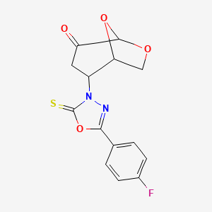 molecular formula C14H11FN2O4S B4309500 2-[5-(4-Fluorophenyl)-2-sulfanylidene-1,3,4-oxadiazol-3-yl]-6,8-dioxabicyclo[3.2.1]octan-4-one 