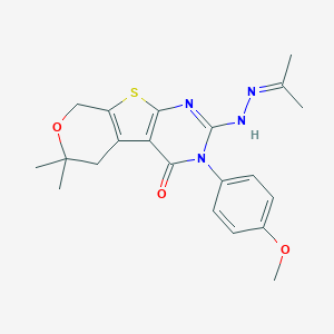 molecular formula C21H24N4O3S B430967 3-(4-methoxyphenyl)-6,6-dimethyl-2-[2-(1-methylethylidene)hydrazino]-3,5,6,8-tetrahydro-4H-pyrano[4',3':4,5]thieno[2,3-d]pyrimidin-4-one 