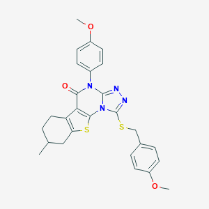molecular formula C27H26N4O3S2 B431010 1-[(4-methoxybenzyl)sulfanyl]-4-(4-methoxyphenyl)-8-methyl-6,7,8,9-tetrahydro[1]benzothieno[3,2-e][1,2,4]triazolo[4,3-a]pyrimidin-5(4H)-one 