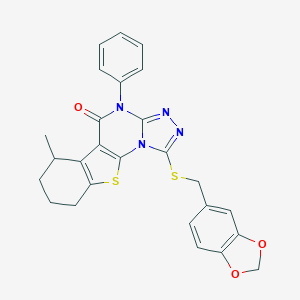 molecular formula C26H22N4O3S2 B431013 1-[(1,3-benzodioxol-5-ylmethyl)sulfanyl]-6-methyl-4-phenyl-6,7,8,9-tetrahydro[1]benzothieno[3,2-e][1,2,4]triazolo[4,3-a]pyrimidin-5(4H)-one 