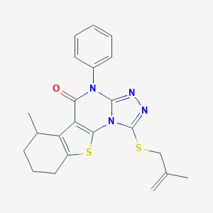 molecular formula C22H22N4OS2 B431014 6-methyl-1-[(2-methylprop-2-enyl)sulfanyl]-4-phenyl-6,7,8,9-tetrahydro[1]benzothieno[3,2-e][1,2,4]triazolo[4,3-a]pyrimidin-5(4H)-one 