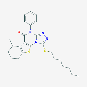 molecular formula C25H30N4OS2 B431016 1-(heptylsulfanyl)-6-methyl-4-phenyl-6,7,8,9-tetrahydro[1]benzothieno[3,2-e][1,2,4]triazolo[4,3-a]pyrimidin-5(4H)-one 
