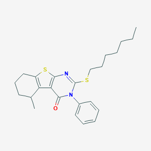molecular formula C24H30N2OS2 B431017 2-(heptylsulfanyl)-5-methyl-3-phenyl-5,6,7,8-tetrahydro[1]benzothieno[2,3-d]pyrimidin-4(3H)-one 