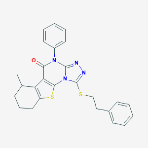 molecular formula C26H24N4OS2 B431021 6-methyl-4-phenyl-1-[(2-phenylethyl)sulfanyl]-6,7,8,9-tetrahydro[1]benzothieno[3,2-e][1,2,4]triazolo[4,3-a]pyrimidin-5(4H)-one 