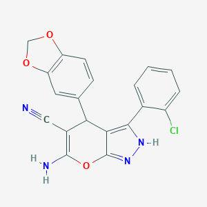 molecular formula C20H13ClN4O3 B431024 6-Amino-4-(1,3-benzodioxol-5-yl)-3-(2-chlorophenyl)-1,4-dihydropyrano[2,3-c]pyrazole-5-carbonitrile 