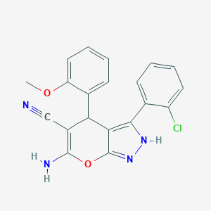 molecular formula C20H15ClN4O2 B431029 6-Amino-3-(2-chlorophenyl)-4-(2-methoxyphenyl)-1,4-dihydropyrano[2,3-c]pyrazole-5-carbonitrile 