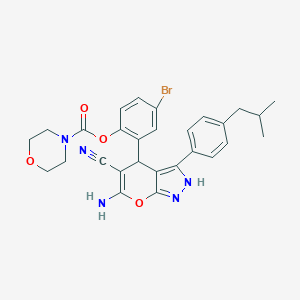 molecular formula C28H28BrN5O4 B431034 2-[6-Amino-5-cyano-3-(4-isobutylphenyl)-1,4-dihydropyrano[2,3-c]pyrazol-4-yl]-4-bromophenyl 4-morpholinecarboxylate 