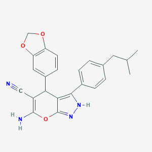 molecular formula C24H22N4O3 B431035 6-Amino-4-(1,3-benzodioxol-5-yl)-3-(4-isobutylphenyl)-1,4-dihydropyrano[2,3-c]pyrazole-5-carbonitrile 