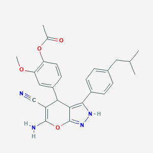 molecular formula C26H26N4O4 B431037 4-[6-Amino-5-cyano-3-(4-isobutylphenyl)-1,4-dihydropyrano[2,3-c]pyrazol-4-yl]-2-methoxyphenyl acetate 