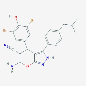 molecular formula C23H20Br2N4O2 B431038 6-Amino-4-(3,5-dibromo-4-hydroxyphenyl)-3-(4-isobutylphenyl)-1,4-dihydropyrano[2,3-c]pyrazole-5-carbonitrile 