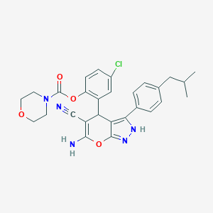 molecular formula C28H28ClN5O4 B431039 2-[6-Amino-5-cyano-3-(4-isobutylphenyl)-1,4-dihydropyrano[2,3-c]pyrazol-4-yl]-4-chlorophenyl morpholine-4-carboxylate 