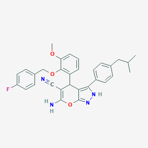 molecular formula C31H29FN4O3 B431041 6-Amino-4-{2-[(4-fluorobenzyl)oxy]-3-methoxyphenyl}-3-(4-isobutylphenyl)-1,4-dihydropyrano[2,3-c]pyrazole-5-carbonitrile 