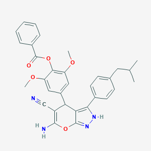 molecular formula C32H30N4O5 B431044 4-[6-Amino-5-cyano-3-(4-isobutylphenyl)-1,4-dihydropyrano[2,3-c]pyrazol-4-yl]-2,6-dimethoxyphenyl benzoate 