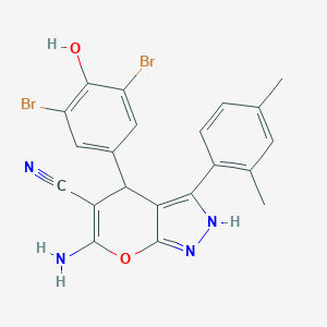molecular formula C21H16Br2N4O2 B431049 6-Amino-4-(3,5-dibromo-4-hydroxyphenyl)-3-(2,4-dimethylphenyl)-1,4-dihydropyrano[2,3-c]pyrazole-5-carbonitrile 