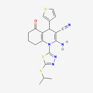 molecular formula C19H19N5OS3 B4310495 2-AMINO-1-[5-(ISOPROPYLSULFANYL)-1,3,4-THIADIAZOL-2-YL]-5-OXO-4-(3-THIENYL)-1,4,5,6,7,8-HEXAHYDRO-3-QUINOLINECARBONITRILE 