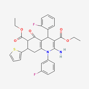 DIETHYL 2-AMINO-4-(2-FLUOROPHENYL)-1-(3-FLUOROPHENYL)-5-OXO-7-(2-THIENYL)-1,4,5,6,7,8-HEXAHYDRO-3,6-QUINOLINEDICARBOXYLATE