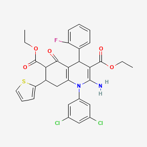 molecular formula C31H27Cl2FN2O5S B4310557 DIETHYL 2-AMINO-1-(3,5-DICHLOROPHENYL)-4-(2-FLUOROPHENYL)-5-OXO-7-(2-THIENYL)-1,4,5,6,7,8-HEXAHYDRO-3,6-QUINOLINEDICARBOXYLATE 