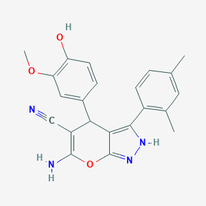 molecular formula C22H20N4O3 B431059 6-Amino-3-(2,4-dimethylphenyl)-4-(4-hydroxy-3-methoxyphenyl)-1,4-dihydropyrano[2,3-c]pyrazole-5-carbonitrile 