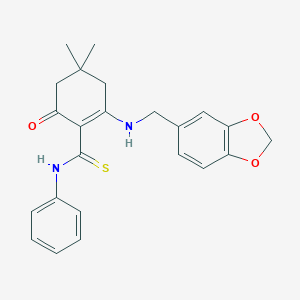 molecular formula C23H24N2O3S B431062 2-[(1,3-benzodioxol-5-ylmethyl)amino]-4,4-dimethyl-6-oxo-N-phenyl-1-cyclohexene-1-carbothioamide 