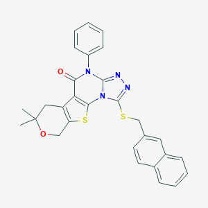 molecular formula C29H24N4O2S2 B431074 7,7-dimethyl-1-[(2-naphthylmethyl)sulfanyl]-4-phenyl-6,9-dihydro-7H-pyrano[4',3':4,5]thieno[3,2-e][1,2,4]triazolo[4,3-a]pyrimidin-5(4H)-one 