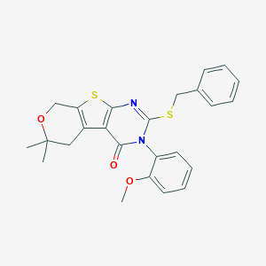 molecular formula C25H24N2O3S2 B431075 2-(benzylsulfanyl)-3-(2-methoxyphenyl)-6,6-dimethyl-3,5,6,8-tetrahydro-4H-pyrano[4',3':4,5]thieno[2,3-d]pyrimidin-4-one 