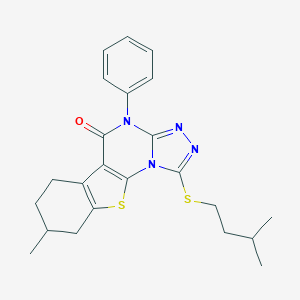 molecular formula C23H26N4OS2 B431076 1-(isopentylsulfanyl)-8-methyl-4-phenyl-6,7,8,9-tetrahydro[1]benzothieno[3,2-e][1,2,4]triazolo[4,3-a]pyrimidin-5(4H)-one 